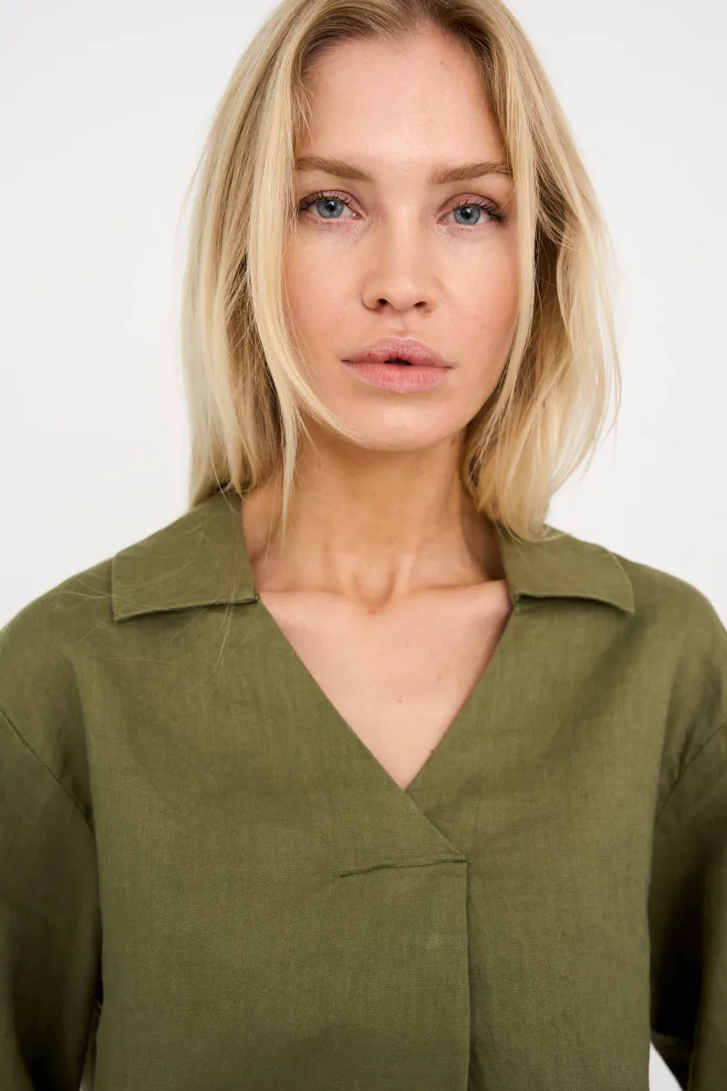 Pieszak Lina Linen V-neck Blouse Faded Green 