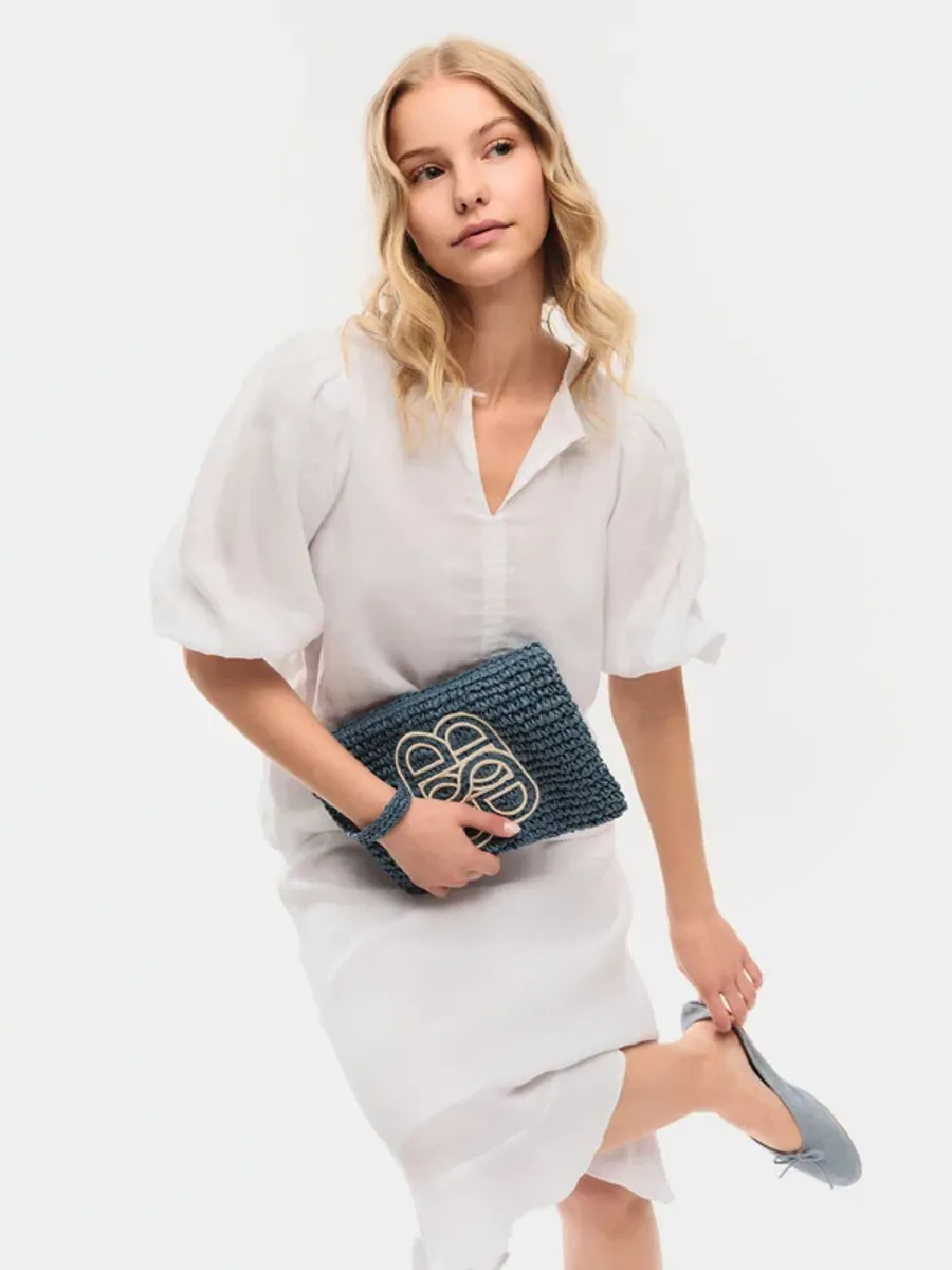 Ella and il Mim Straw Clutch Blue